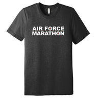 Black t-shirt with 'AIR FORCE MARATHON' text on a white background