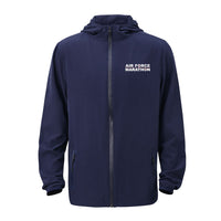 Navy blue jacket with 'Air Force Marathon' text on a white background