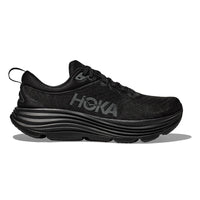 Black Hoka running shoe on a white background