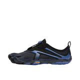 Black and blue athletic shoe on a white background