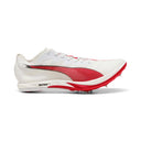 White and red running shoe with spikes on a white background
