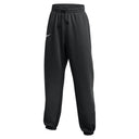 Black sweatpants with a white logo on a white background
