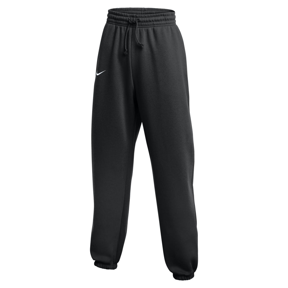 Black sweatpants with a white logo on a white background