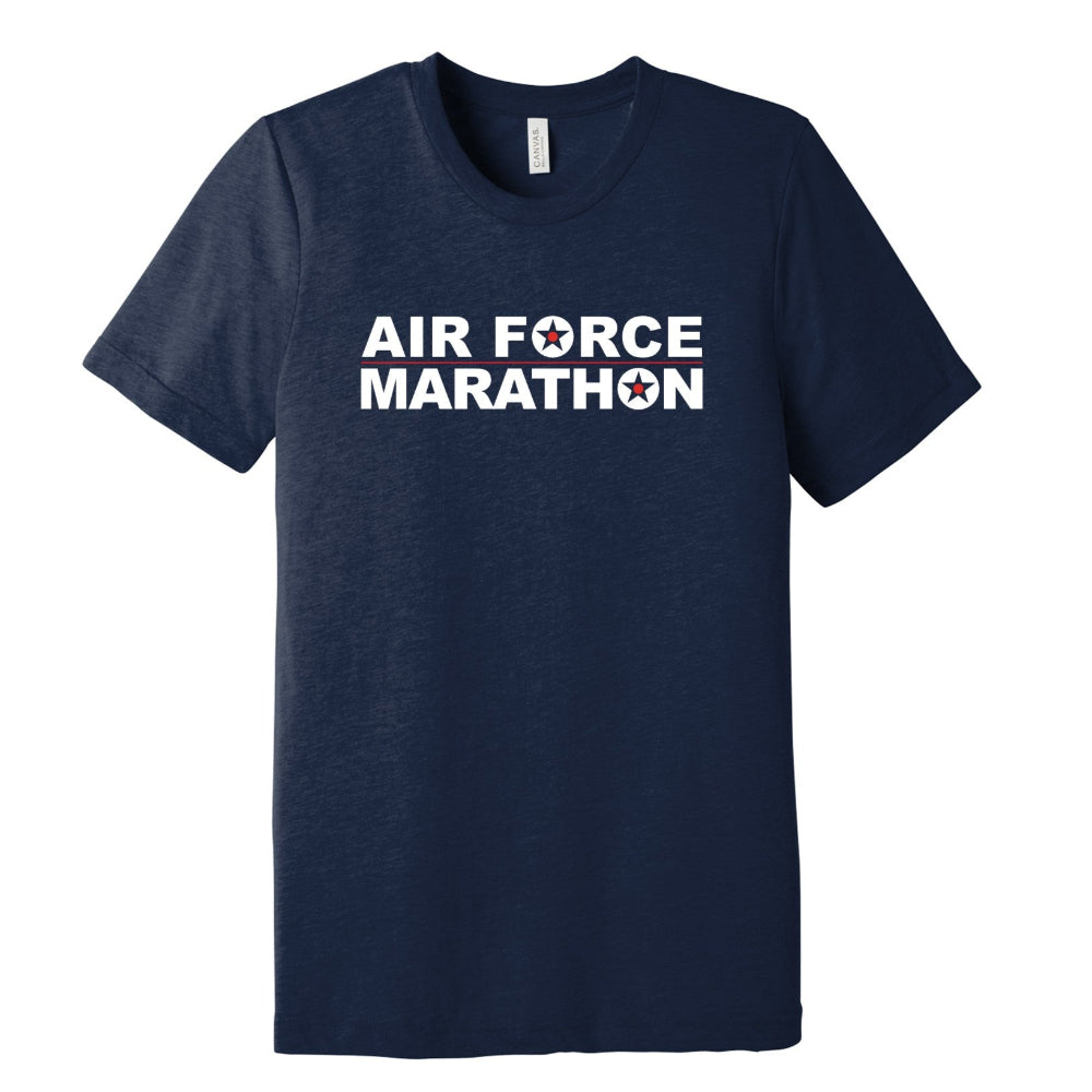 Navy blue t-shirt with 'AIR FORCE MARATHON' text on a white background