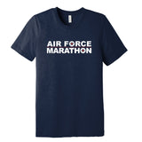 Navy blue t-shirt with 'AIR FORCE MARATHON' text on a white background