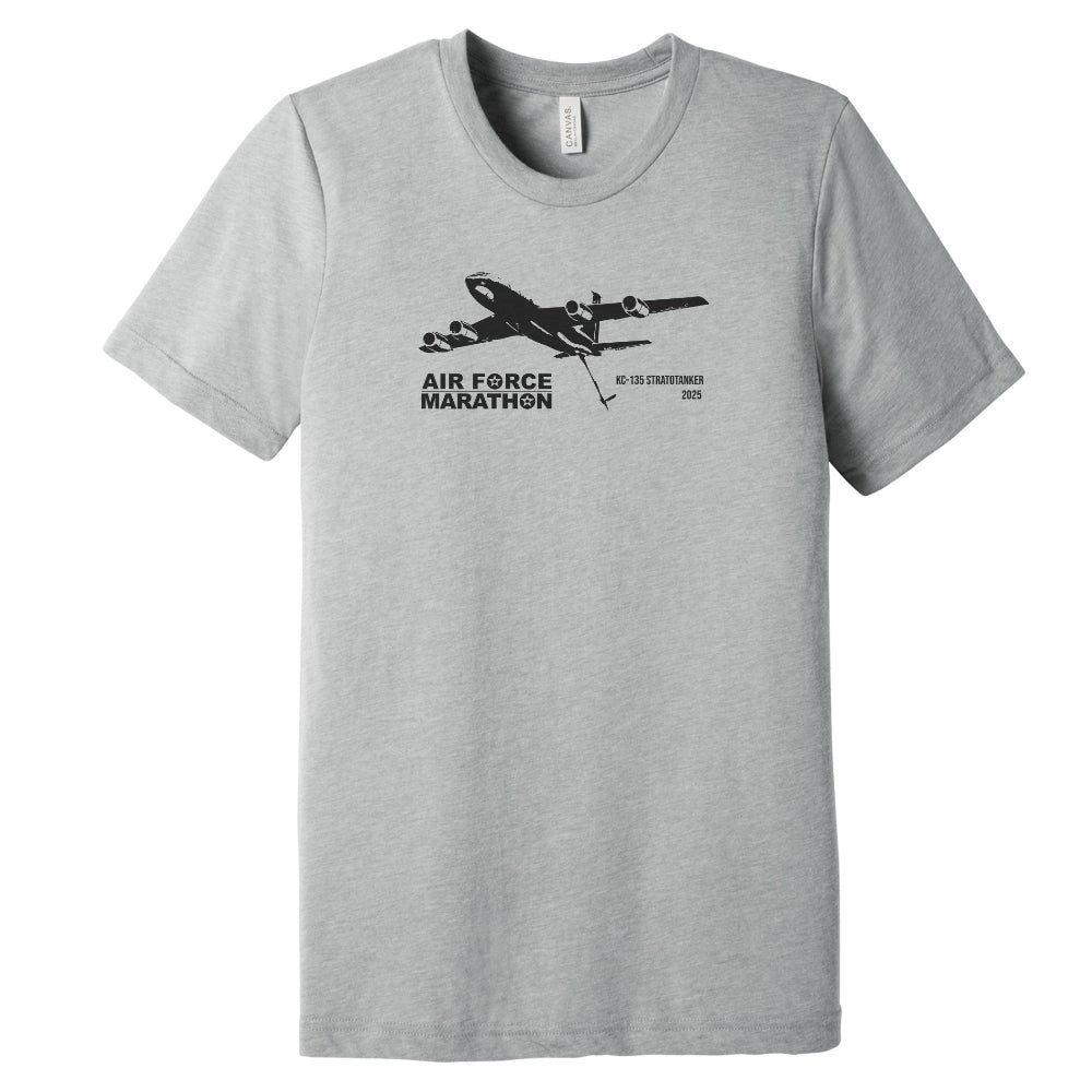 Gray t-shirt with black airplane graphic and text on a white background