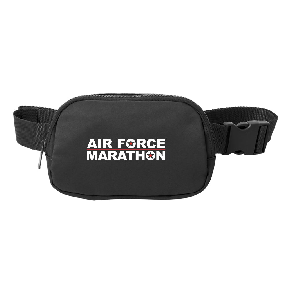 Black waist bag with 'AIR FORCE MARATHON' text on a white background