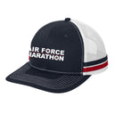 Navy and white cap with 'Air Force Marathon' text on a white background