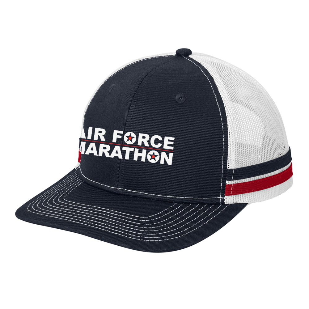 Navy and white cap with 'Air Force Marathon' text on a white background
