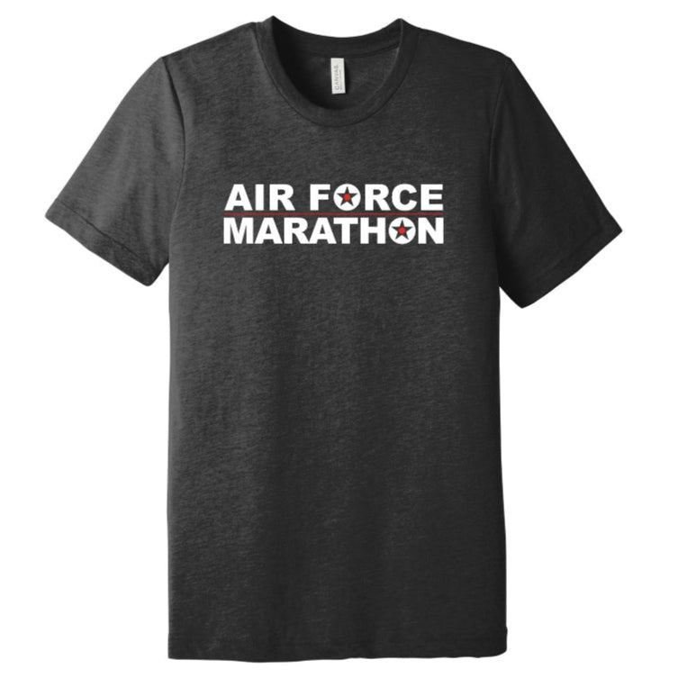 Black t-shirt with 'AIR FORCE MARATHON' text on a white background