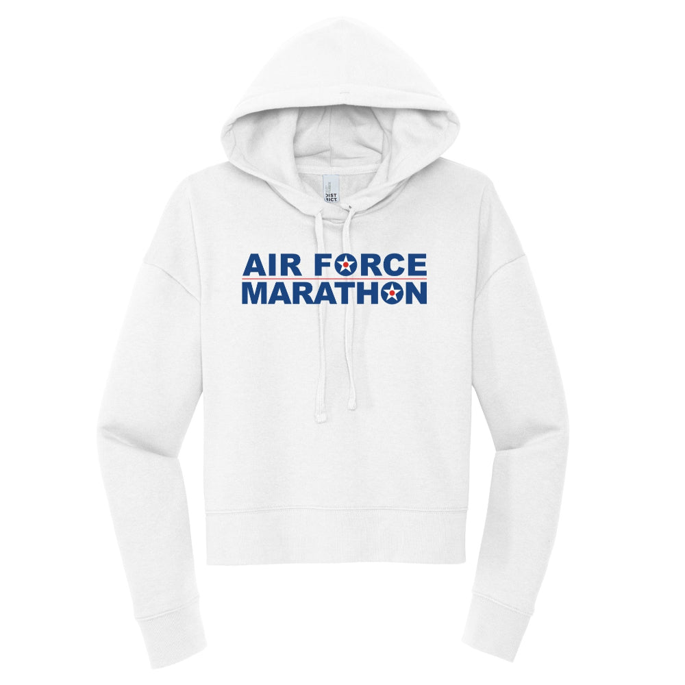 White hoodie with 'Air Force Marathon' text on a white background