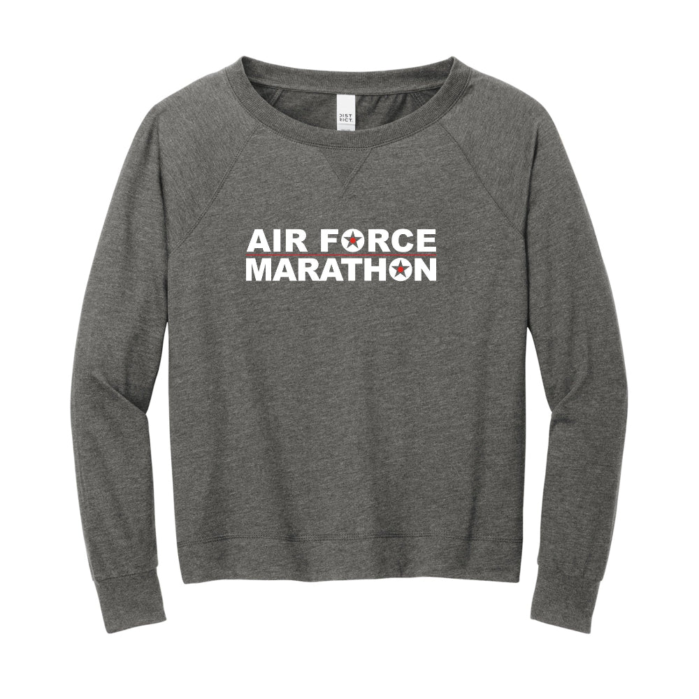Gray long-sleeve shirt with 'Air Force Marathon' text on a white background