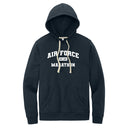 Navy hoodie with 'Air Force Marathon' text on a white background