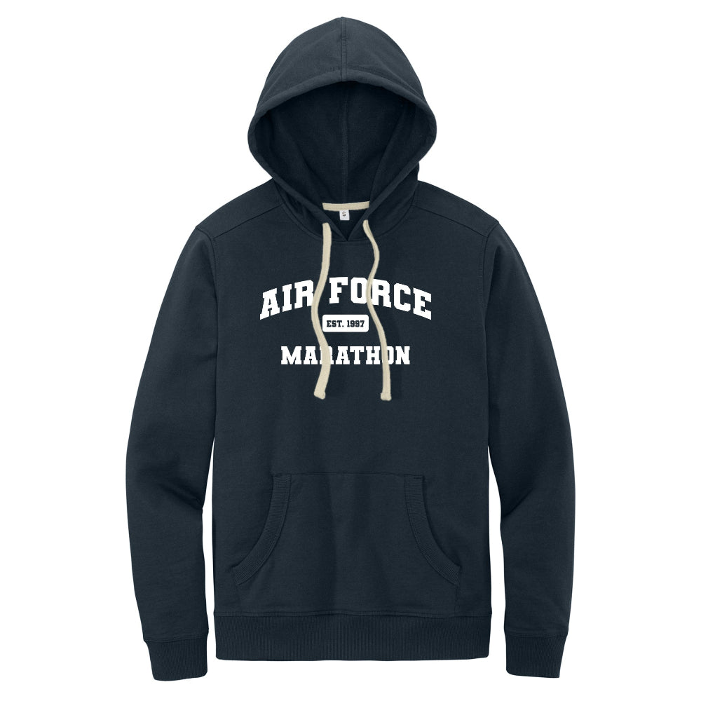 Navy hoodie with 'Air Force Marathon' text on a white background