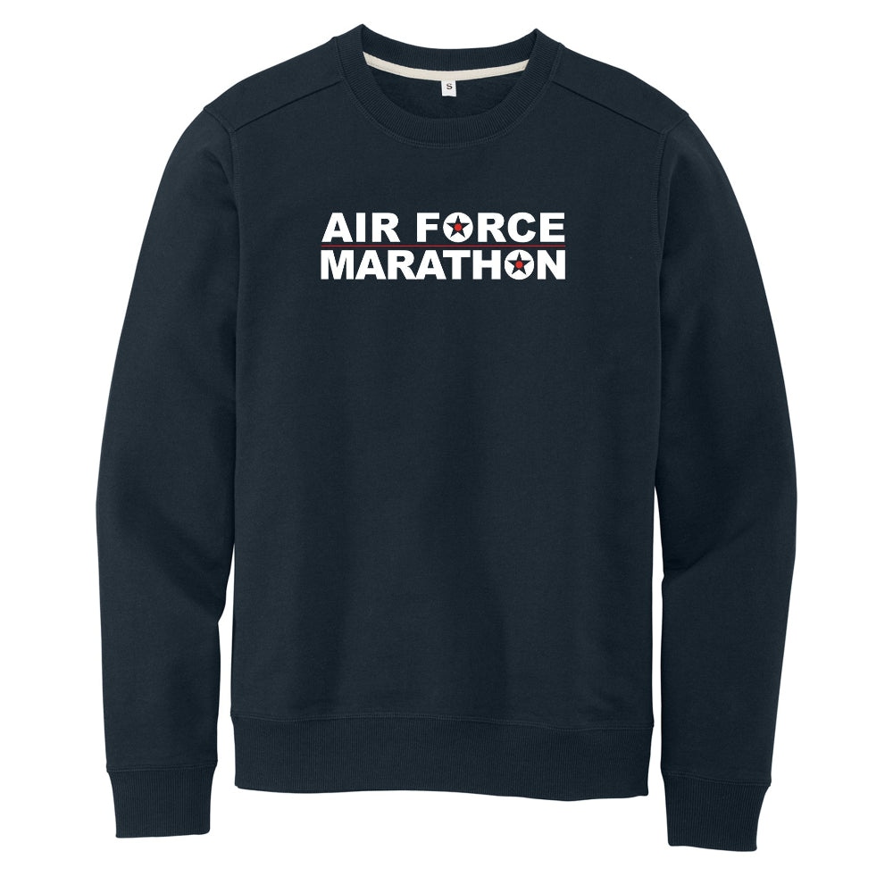 Navy sweatshirt with 'AIR FORCE MARATHON' text on a white background
