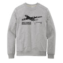 Gray sweatshirt with black airplane graphic and text on a white background