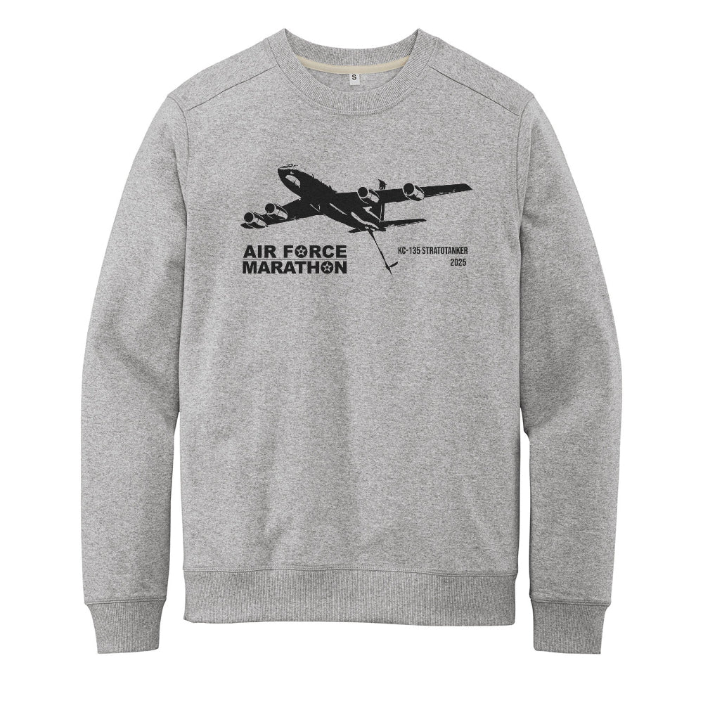 Gray sweatshirt with black airplane graphic and text on a white background