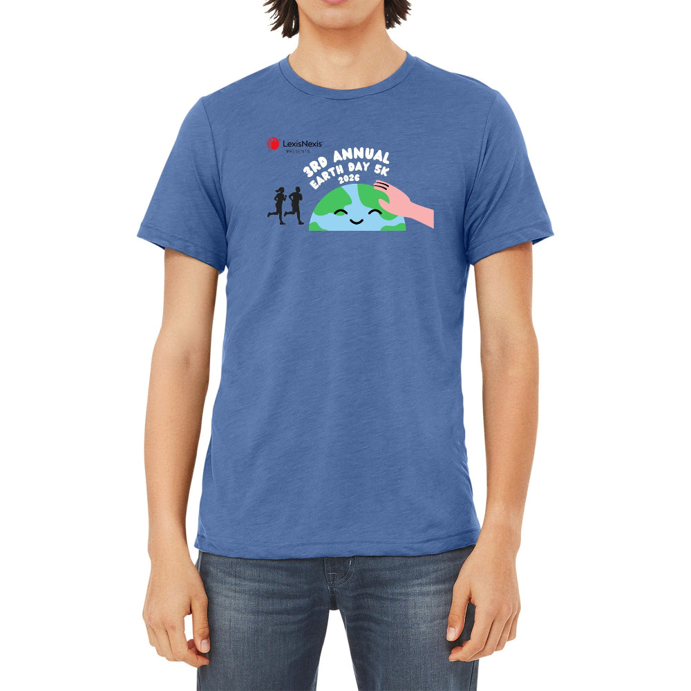 Person wearing a blue t-shirt with a graphic design on a white background