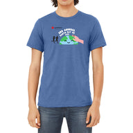 Person wearing a blue t-shirt with a graphic design on a white background