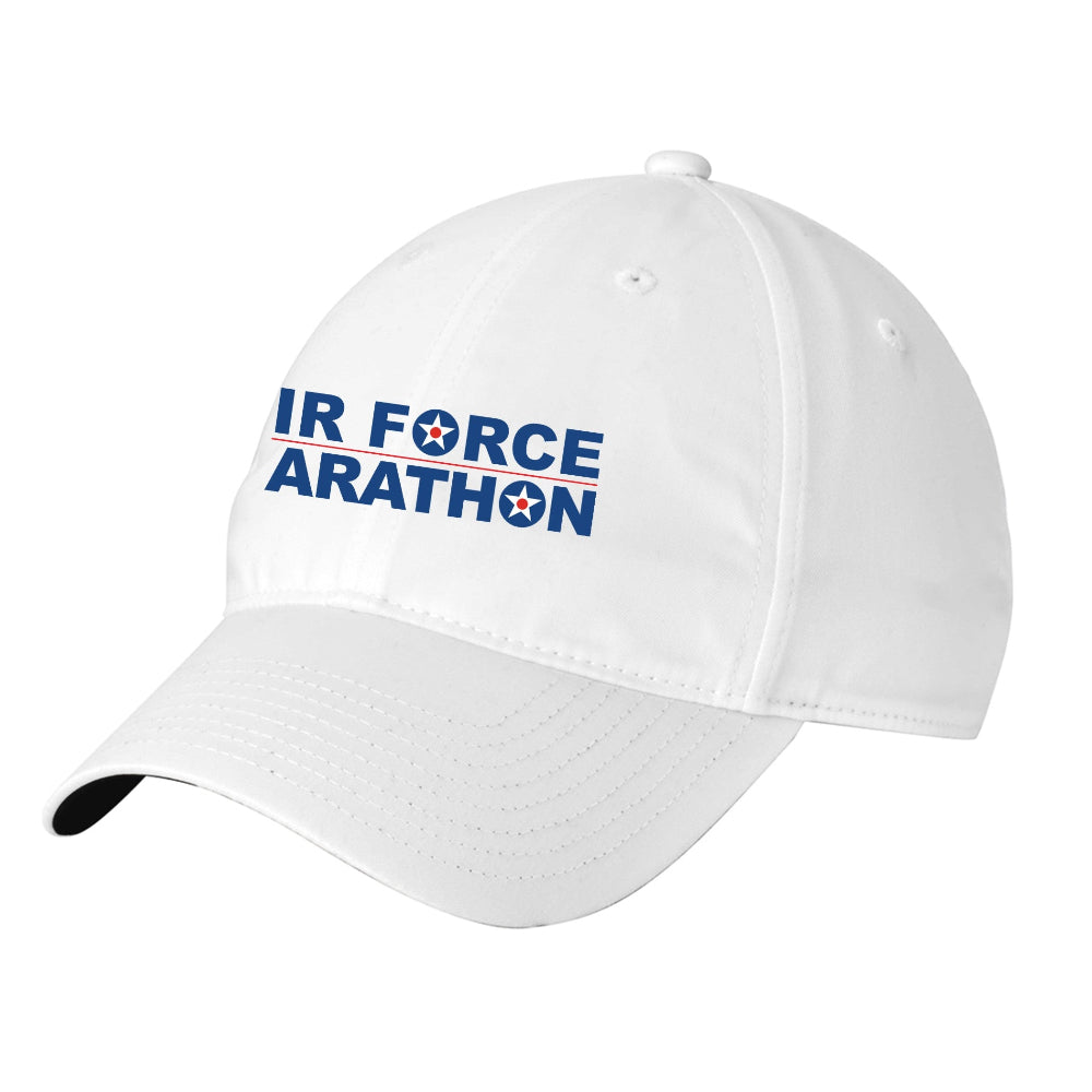 White cap with 'Air Force Arathon' text on a white background