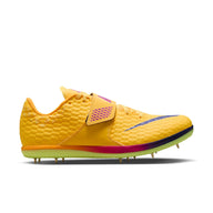 Yellow running shoe with purple and blue accents on a white background