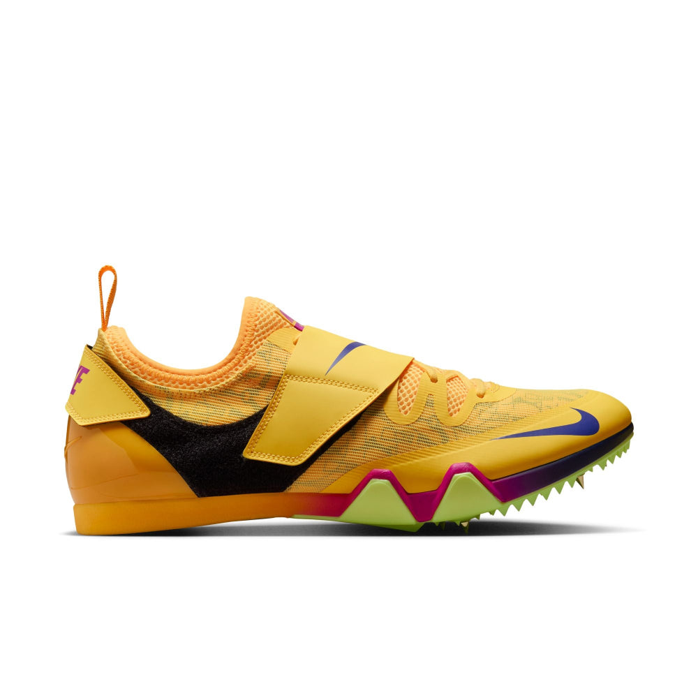 Yellow running shoe with purple accents on a white background