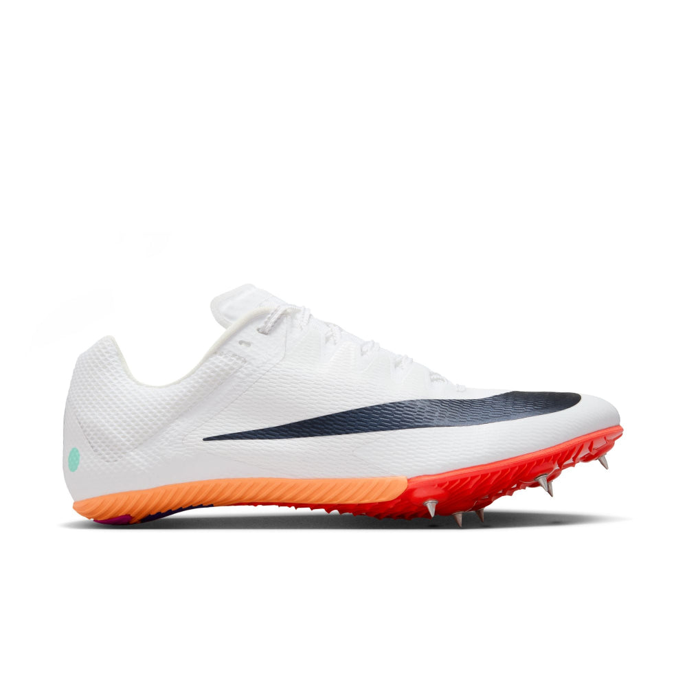 White running shoe with orange sole on a white background