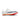 White running shoe with orange sole on a white background