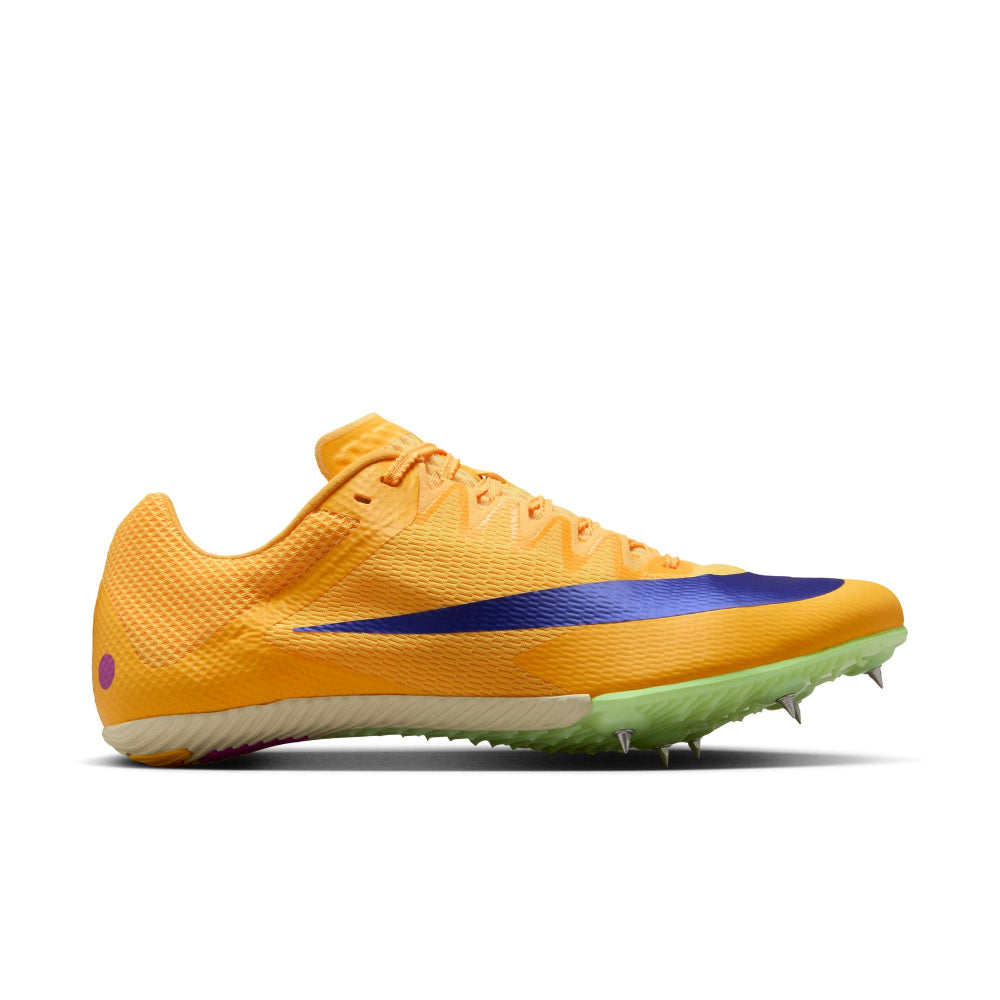 Orange running shoe with blue accents on a white background