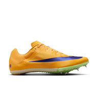 Orange running shoe with blue accents on a white background