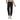 Person wearing black jogger pants with text on a white background