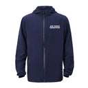 Navy blue jacket with 'Air Force Marathon' text on a white background