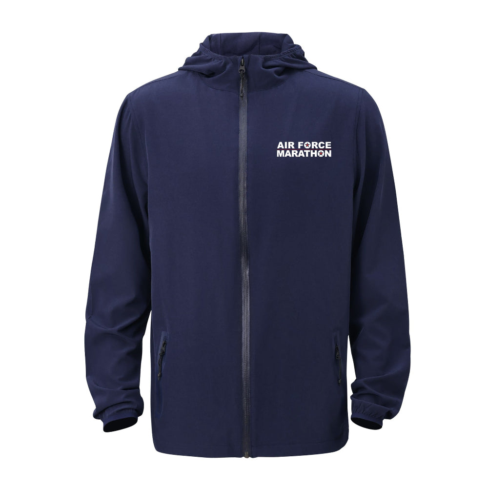 Navy blue jacket with 'Air Force Marathon' text on a white background