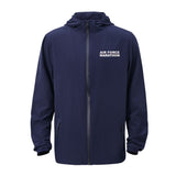 Navy blue jacket with 'Air Force Marathon' text on a white background