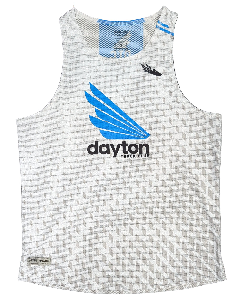 White tank top with blue logo and 'Dayton Track Club' text on a dark background