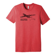 Red t-shirt with black airplane graphic and 'Air Force Marathon' text on a white background