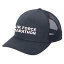 Navy blue cap with 'Air Force Marathon' text on a white background