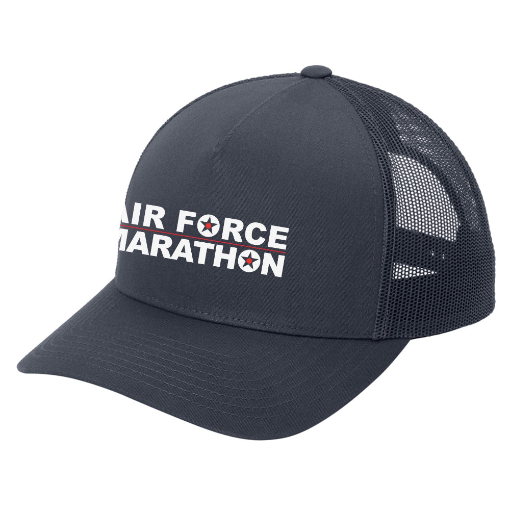 Navy blue cap with 'Air Force Marathon' text on a white background