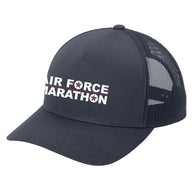 Navy blue cap with 'Air Force Marathon' text on a white background