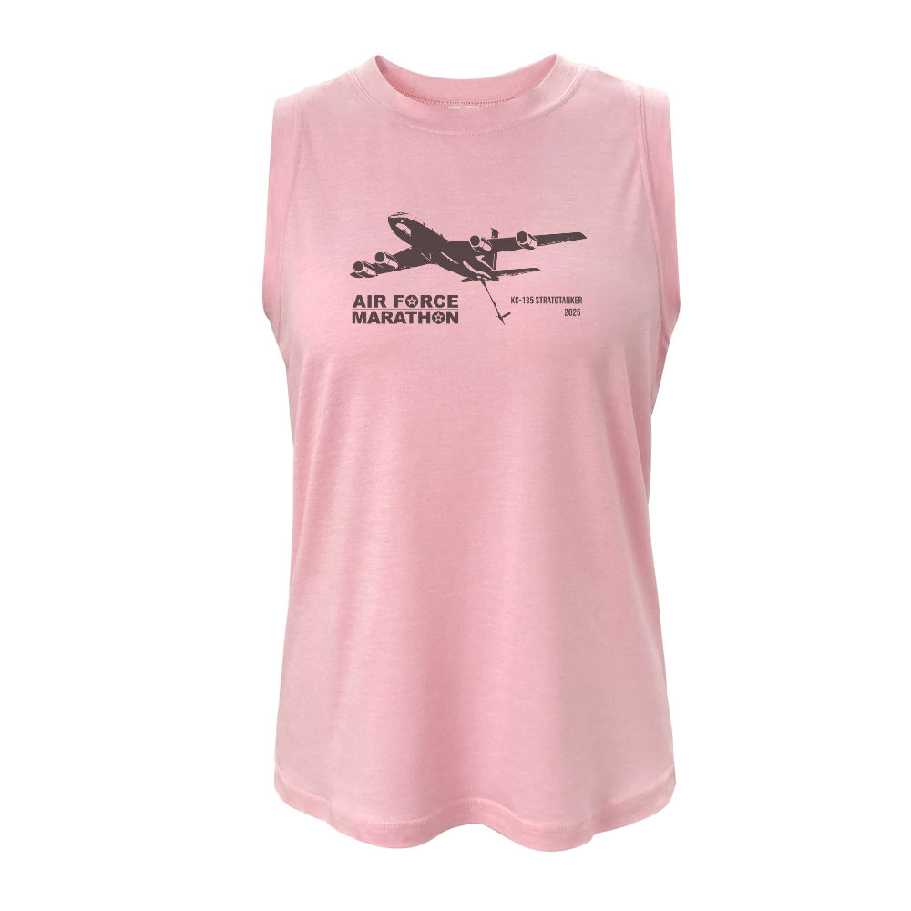 Pink sleeveless shirt with black airplane graphic and text on a white background