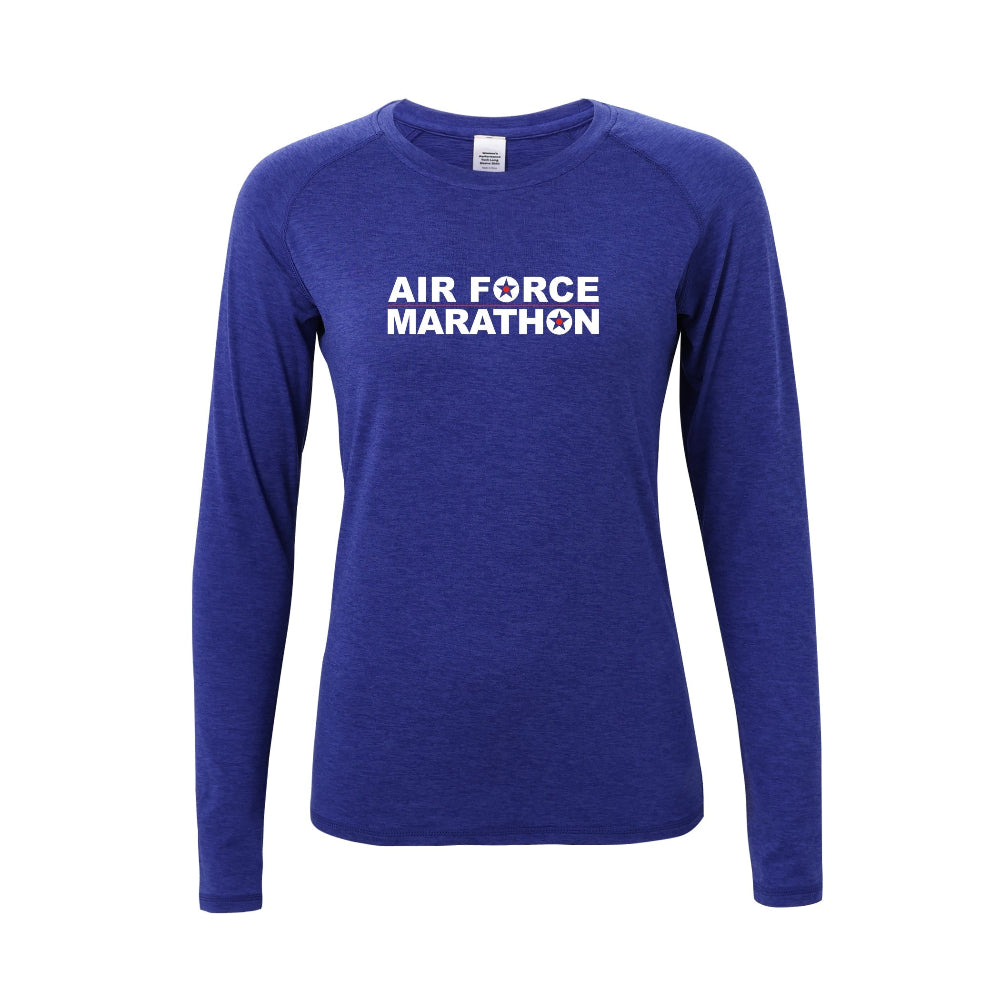 Blue long-sleeve shirt with 'AIR FORCE MARATHON' text on a white background