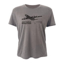 Gray t-shirt with black airplane graphic and text on a white background