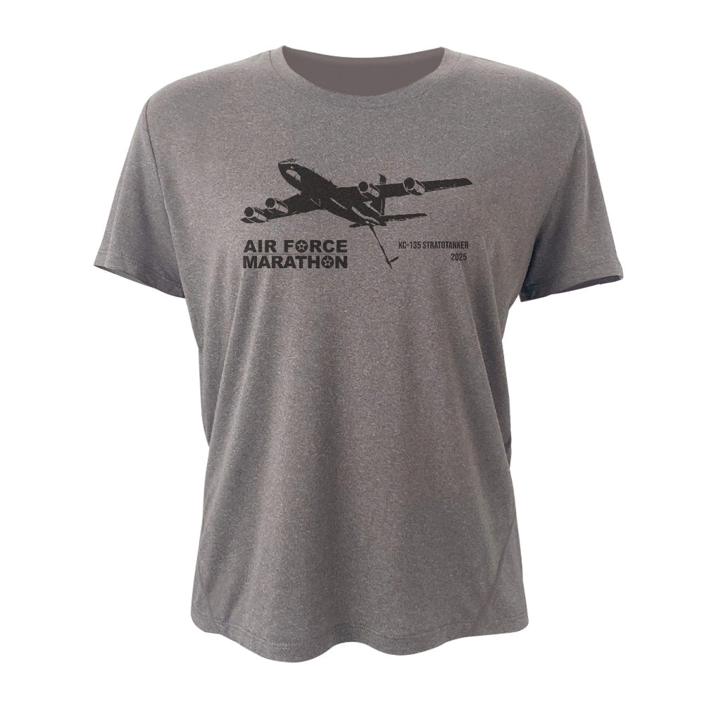 Gray t-shirt with black airplane graphic and text on a white background