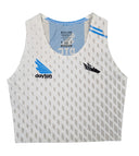 White athletic tank top with blue and black branding on a dark wooden surface