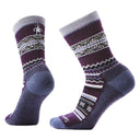 Pair of purple and gray patterned socks on a white background